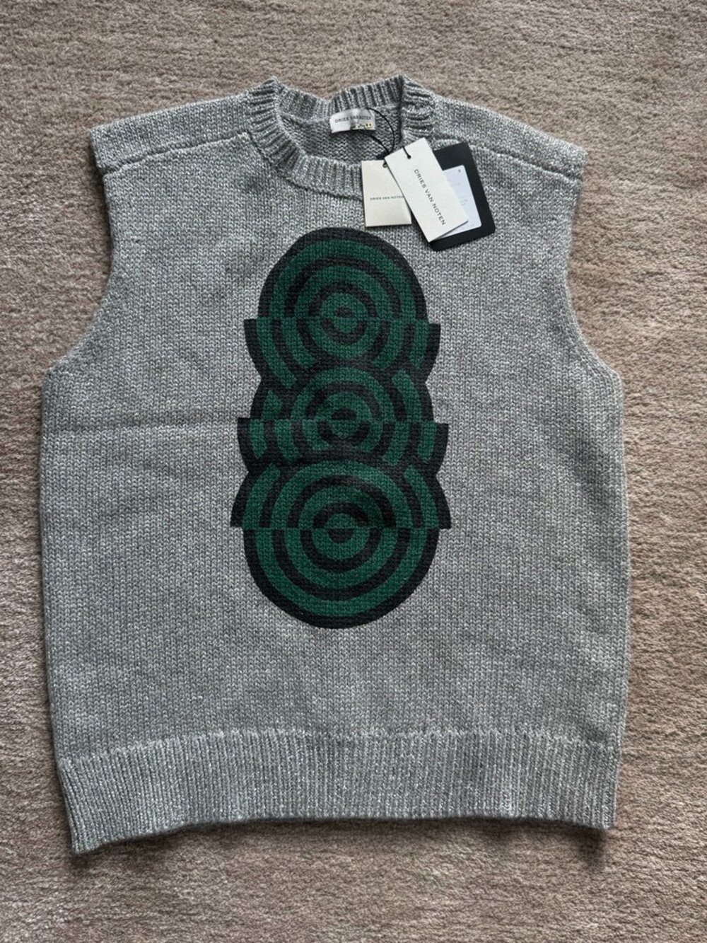 Dries Van Noten *NWT* Metallic Wool Blend Sweater Vest Gray Green Graphic NWT